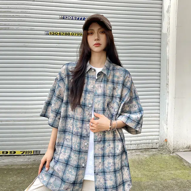 左岸 夏季美式复古风百搭时尚休闲个性扎染格子日常通勤户外活动宽松舒适透气吸汗冰爽潮牌短袖衬衫 男女同款