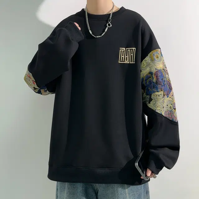 左岸 春秋青少年港风时尚潮牌休闲宽松拼接熊猫印花长袖圆领上衣经典百搭帅气穿搭舒适撞色卡通卫衣 男款