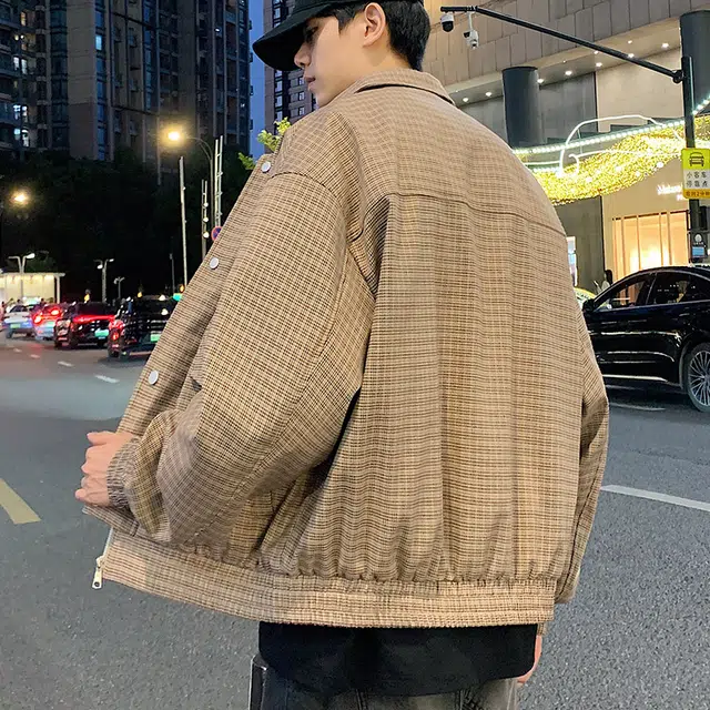 左岸 春秋季港风时尚潮牌条纹格子百搭开衫翻领上衣加肥加大码休闲宽松舒适防风外套夹克 男款