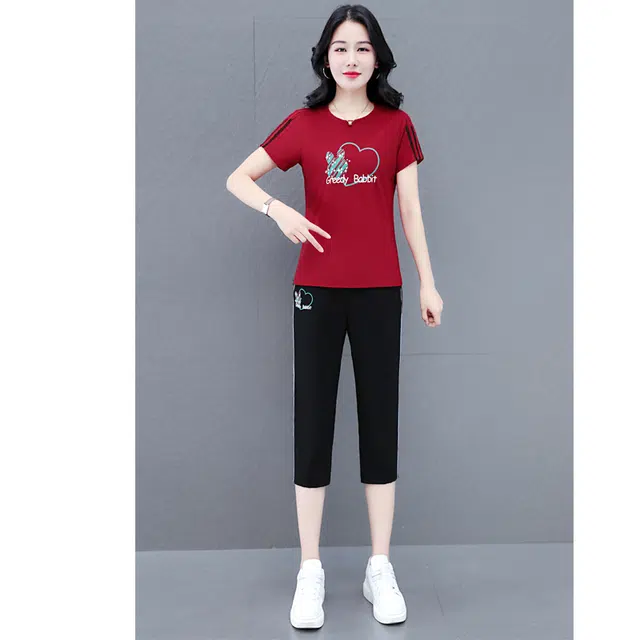 左岸 字母圆领爱心合身适中中腰短袖休闲套装 女款