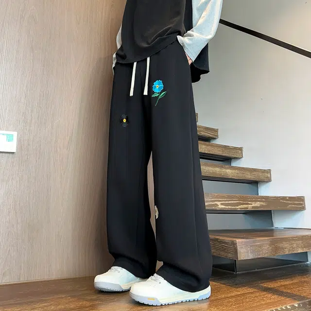 左岸 青少年港风时尚潮流百搭绣花宽松直筒卫裤长裤柔软舒适轻便透气阔腿裤春秋季休闲裤 男款