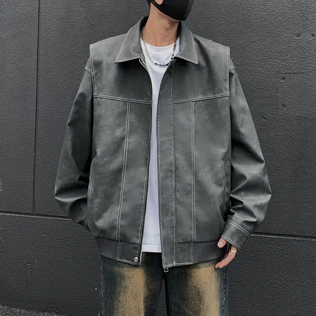 左岸 美式高街复古时尚潮牌百搭扎染印花拉链开衫翻领上衣休闲宽松舒适春秋季防风夹克外套皮衣 男款