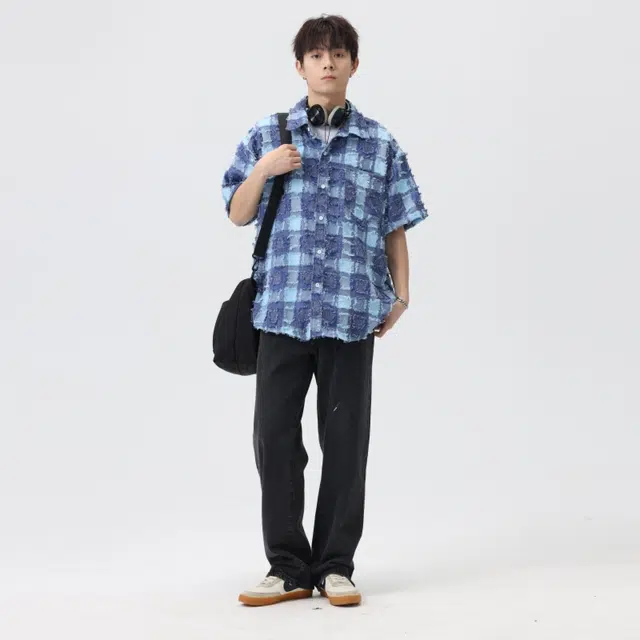 左岸 港风格子衬衣男时尚宽松休闲夏威夷度假风短袖上衣衬衫 男款