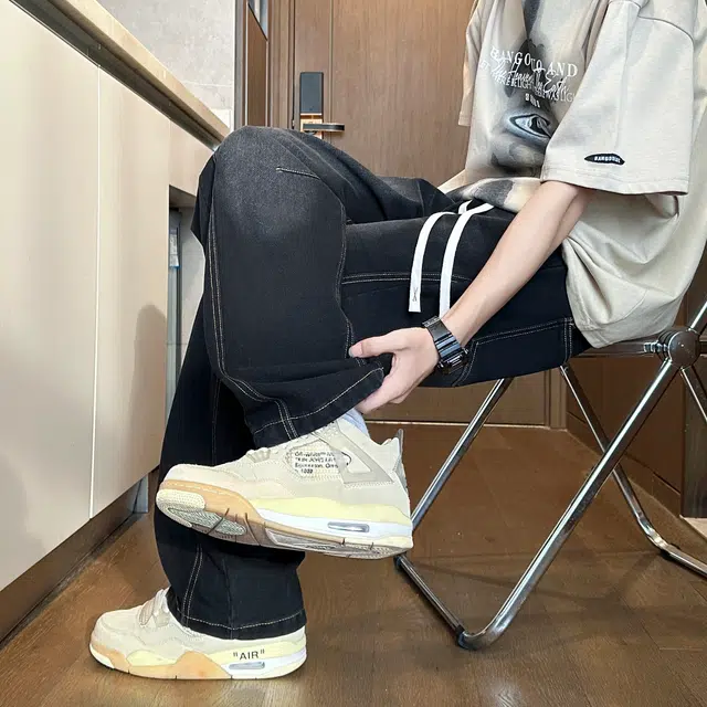 左岸 美式复古做旧高街潮流百搭宽松直筒长裤柔软舒适轻便透气显瘦微喇阔腿裤春秋季休闲裤牛仔裤 男款