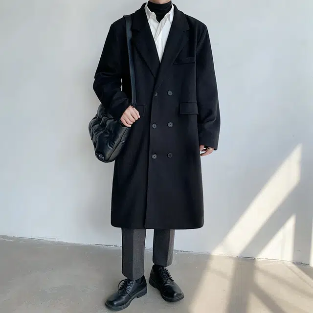 左岸 英伦复古时尚潮牌百搭纯色开衫翻领上衣休闲宽松舒适防风外套秋冬季双排扣过膝大衣中长款风衣 男款