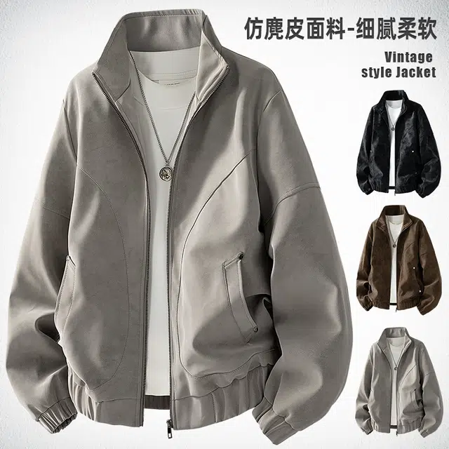 左岸 春秋美式复古高街潮流百搭纯色拉链开衫麂皮绒夹克上衣宽松休闲舒适防风保暖外套皮衣 男款