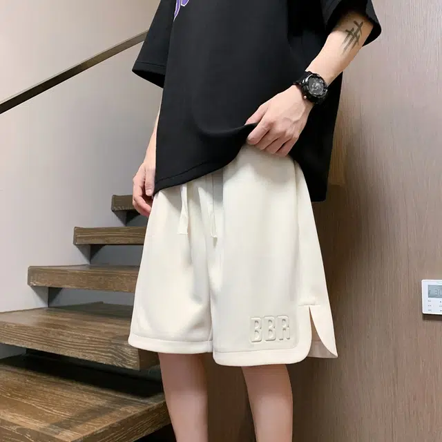 左岸 港风潮牌卫裤夏季薄款设计感字母印花简约宽松运动中裤百搭柔软舒适透气沙滩裤五分裤休闲短裤 男款
