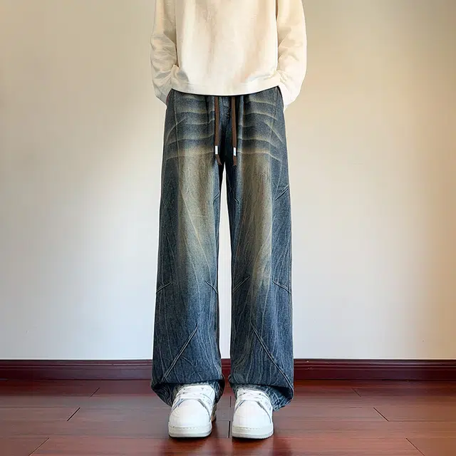 左岸 春秋季青少年美式复古水洗做旧时尚潮流宽松舒适休闲直筒阔腿裤显高显瘦长裤牛仔裤 男款