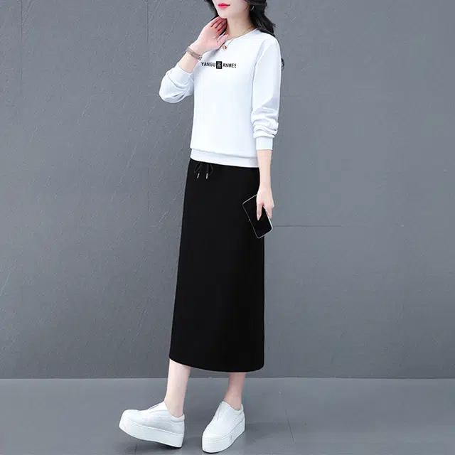 左岸 休闲百搭撞色拼接圆领开叉设计修身显瘦保暖舒适透气潮流时尚两件套裙装套装 女款