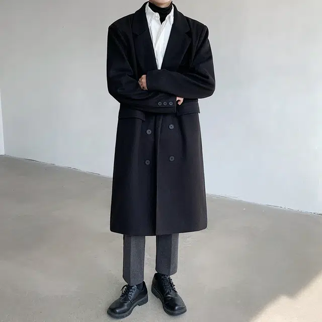 左岸 英伦复古时尚潮牌百搭纯色开衫翻领上衣休闲宽松舒适防风外套秋冬季双排扣过膝大衣中长款风衣 男款