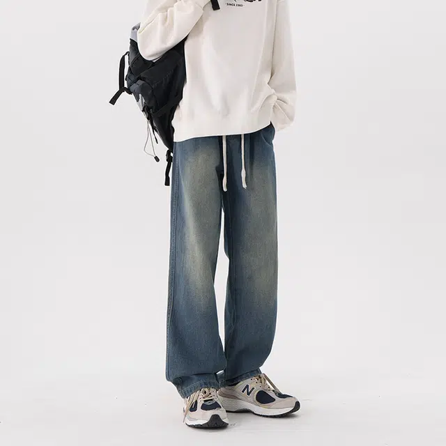 左岸 少年港风时尚潮流宽松舒适休闲直筒阔腿裤显高显瘦系带长裤水洗牛仔裤 男款