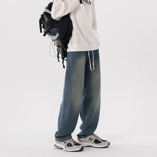 左岸 少年港风时尚潮流宽松舒适休闲直筒阔腿裤显高显瘦系带长裤水洗牛仔裤 男款