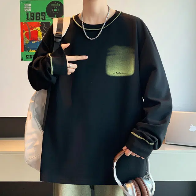 左岸 青少年港风时尚潮牌设计感涂鸦撞色长袖圆领上衣休闲宽松百搭帅气穿搭舒适慵懒风春秋卫衣 男款