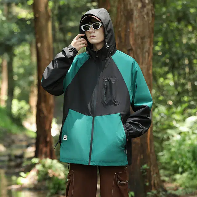 左岸 春秋季美式潮牌百搭撞色拼接带帽开衫上衣宽松休闲舒适山系户外防风工装风冲锋外套夹克 男款
