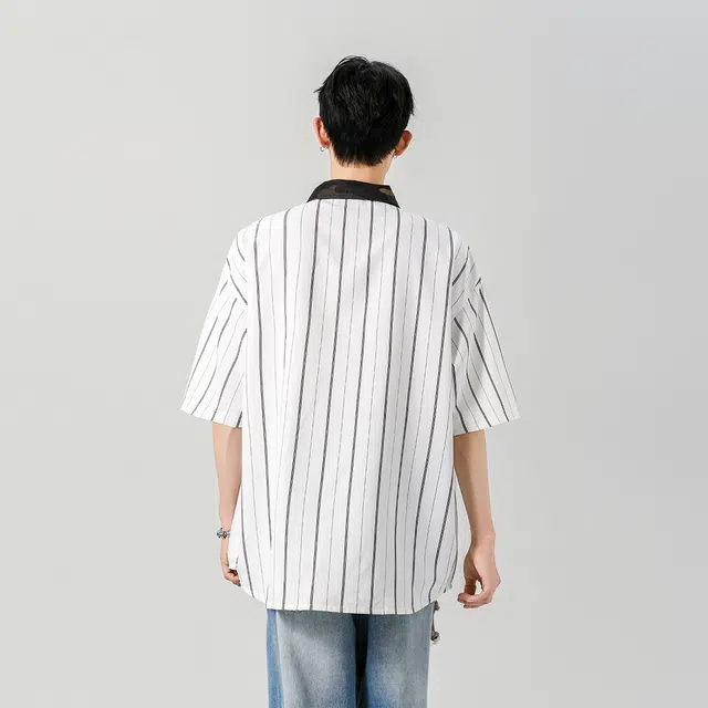 左岸 港风条纹拼接潮牌慵懒风痞帅宽松休闲短袖衬衫 男款