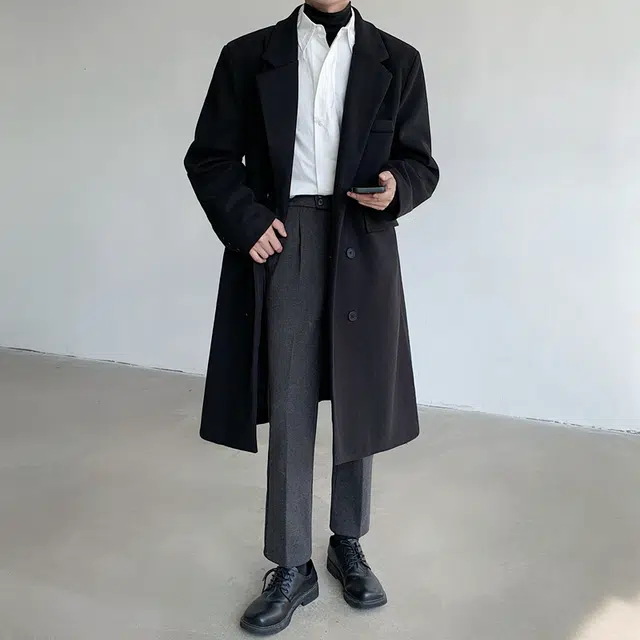 左岸 英伦复古时尚潮牌百搭纯色开衫翻领上衣休闲宽松舒适防风外套秋冬季双排扣过膝大衣中长款风衣 男款