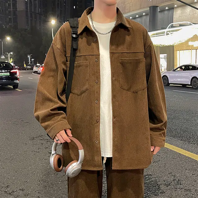 左岸 美式复古潮流百搭春秋休闲宽松舒适透气纯色灯芯绒衬衣潮牌设计感翻领开衫薄款外套衬衫 男款