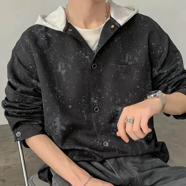 左岸 港风潮流百搭春秋连帽开衫泼墨印花上衣休闲宽松舒适衬衣潮牌老钱风衬衫 男款
