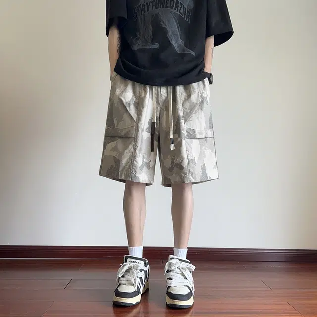 左岸 夏季薄款港风迷彩中裤宽松百搭舒适透气沙滩裤工装风五分裤休闲短裤 男款