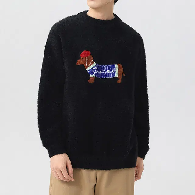 左岸 青少年港风潮牌休闲时尚高级感春秋上衣设计感小狗印花保暖秋冬内搭打底衫慵懒风针织衫 男款