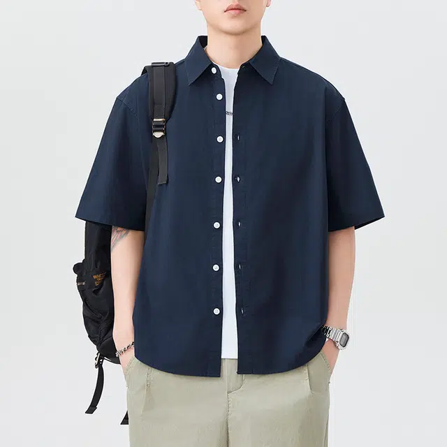 左岸 夏季轻薄纯棉透气短袖衬衣日系复古翻领纯色简约休闲上衣衬衫 男款
