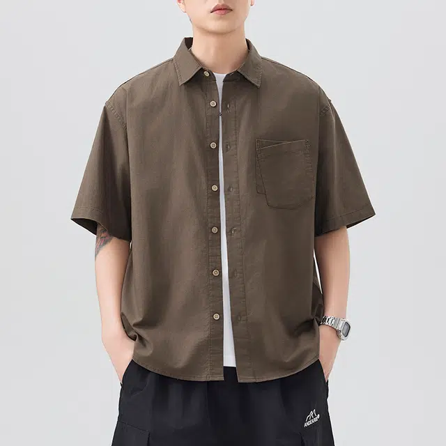 左岸 夏季棉麻透气短袖衬衣港风少年感翻领纯色简约休闲潮牌半袖痞帅上衣衬衫 男款