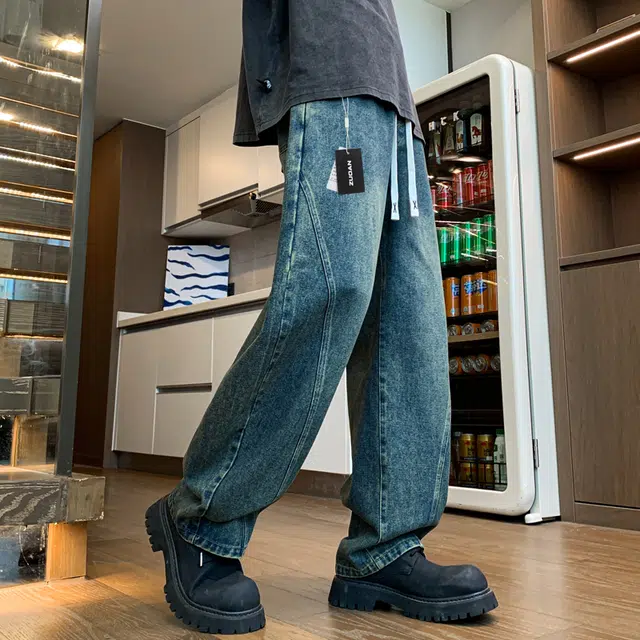 左岸 弯刀裤男春秋冬季加绒加厚长裤青少年宽松直筒阔腿裤美式复古拼接牛仔裤 男款