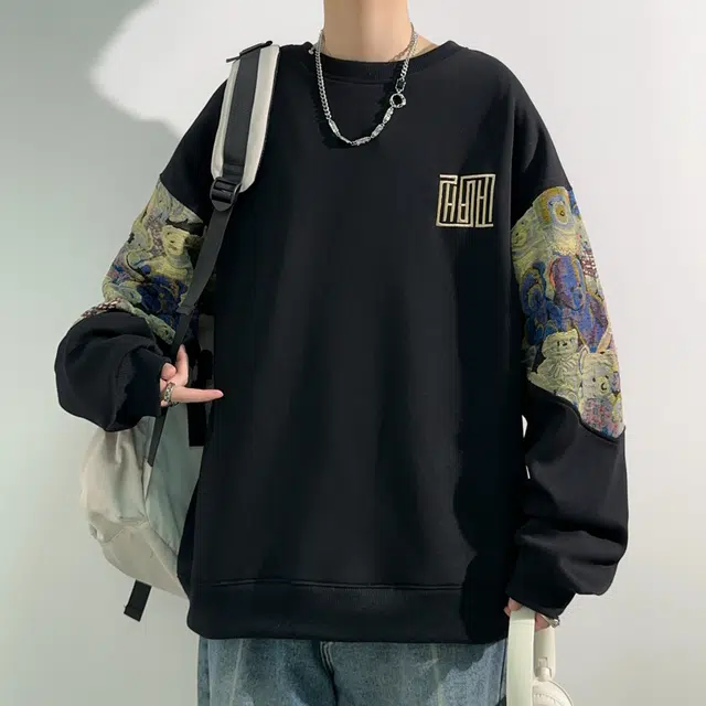 左岸 春秋青少年港风时尚潮牌休闲宽松拼接熊猫印花长袖圆领上衣经典百搭帅气穿搭舒适撞色卡通卫衣 男款