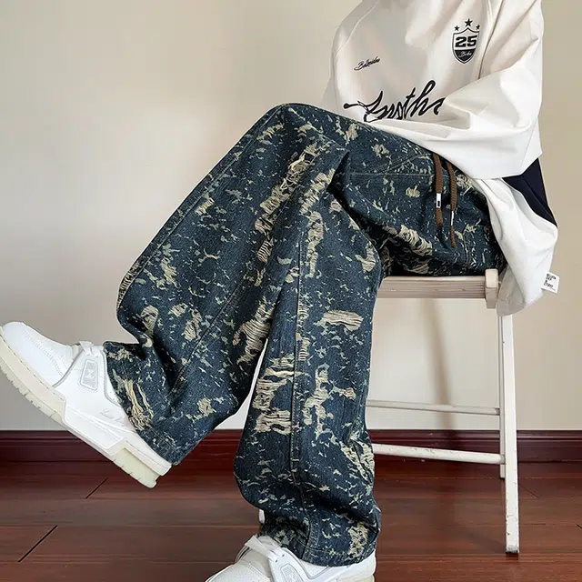 左岸 青少年港风时尚潮流破洞流苏宽松舒适休闲直筒阔腿裤显高显瘦长裤春秋季牛仔裤 男款