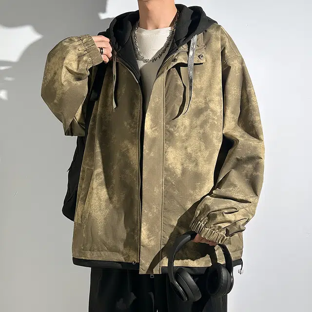 左岸 美式潮牌春秋季宽松休闲百搭带帽上衣脏脏印设计感拼色假两件夹克外套 男款
