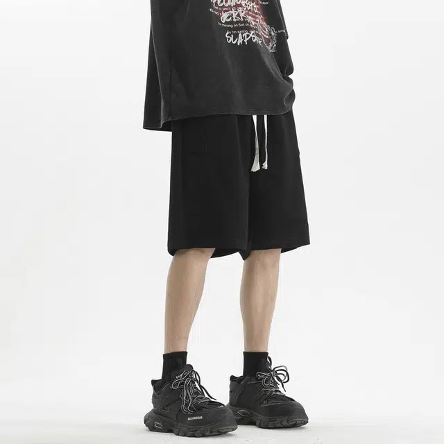 左岸 夏季青少年港风潮流宽松印花色系带中裤薄款沙滩裤五分裤子休闲短裤 男款