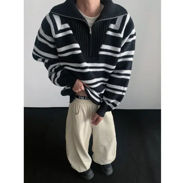 左岸 青少年港风潮牌休闲时尚宽松条纹高级感春秋翻领半拉链上衣保暖秋冬内搭打底衫毛衣 男款