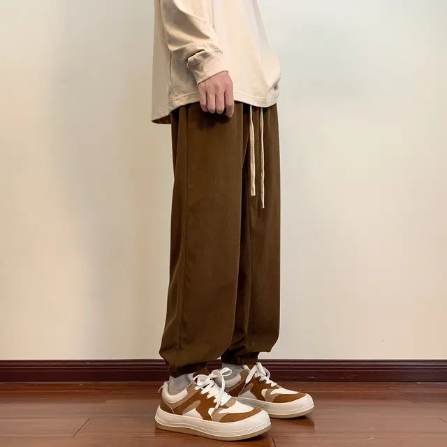 左岸 港风少年感帅气潮流灯芯绒印花卫裤加肥加大码宽松哈伦裤柔软舒适透气垂感轻便束脚裤长裤春秋休闲裤 男款