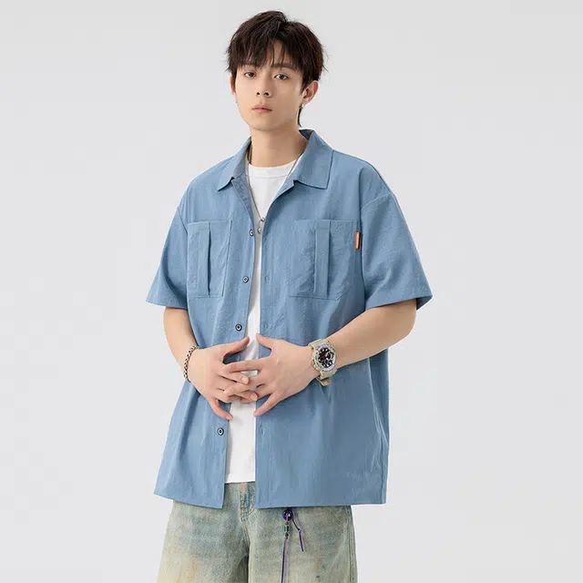左岸 日系潮流工装冰丝薄款宽松短袖衬衫 男款