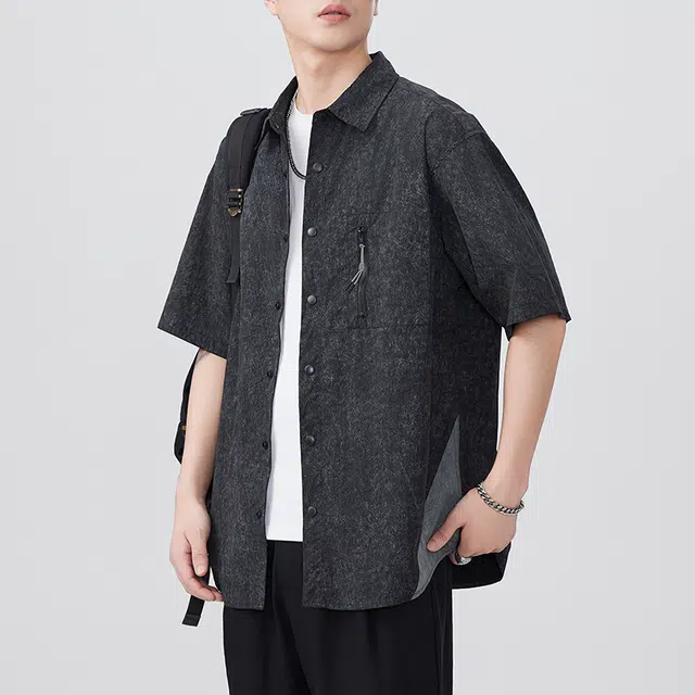 左岸 港风青少年感夏季透气短袖衬衣翻领拼色高级感休闲宽松潮牌半袖痞帅上衣衬衫 男款