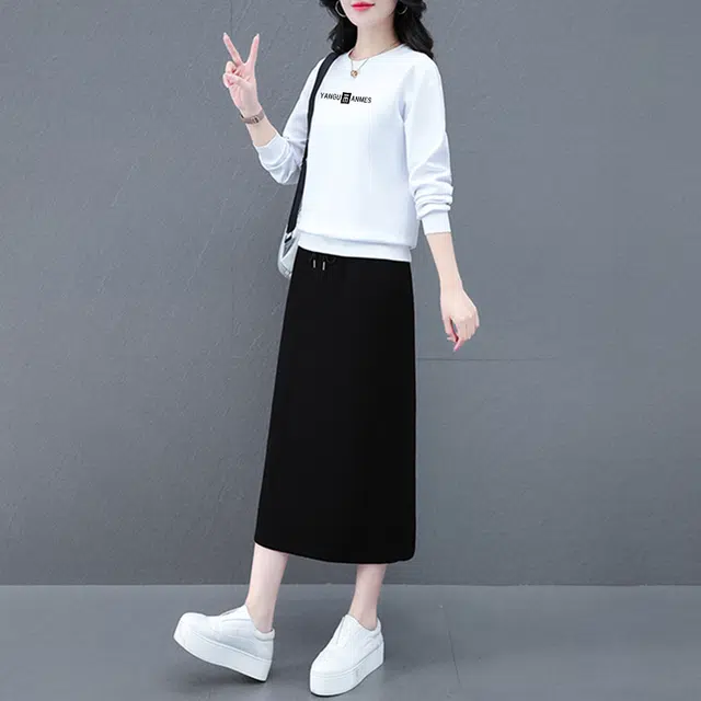 左岸 休闲百搭撞色拼接圆领开叉设计修身显瘦保暖舒适透气潮流时尚两件套裙装套装 女款