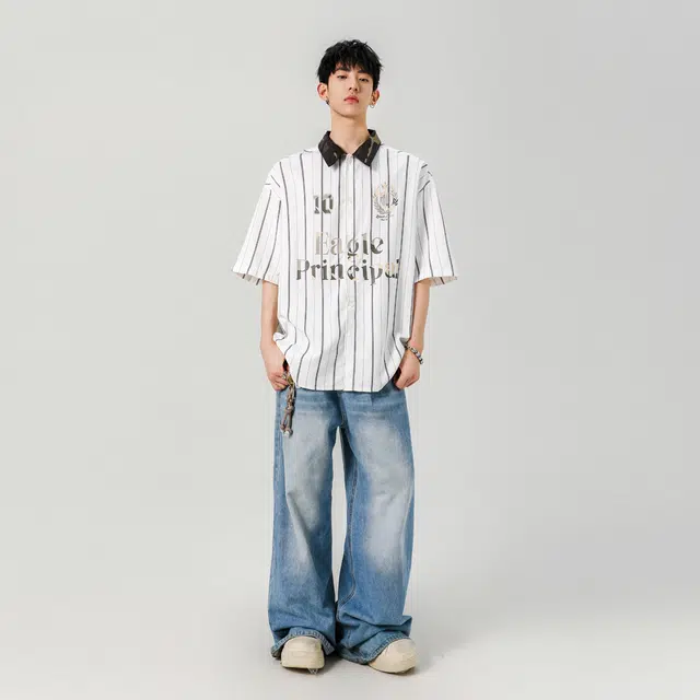 左岸 夏季青少年港风条纹字母印花潮牌慵懒风痞帅宽松休闲短袖上衣衬衫 男款