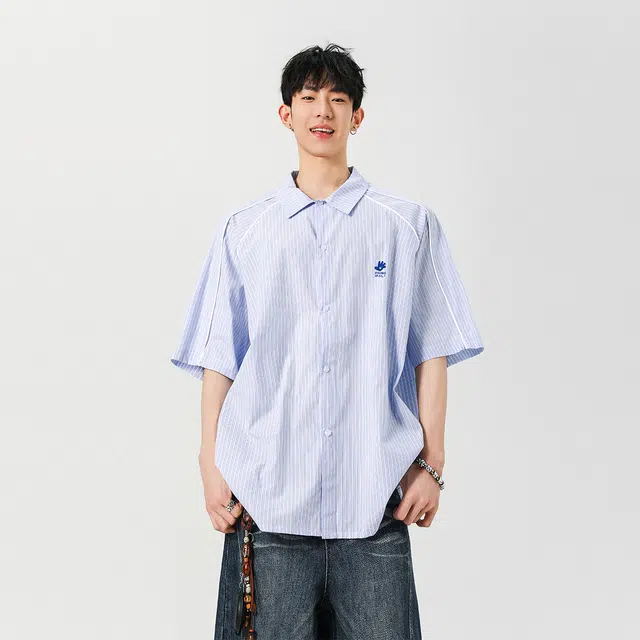 左岸 夏季港风条纹插肩袖绣花潮牌慵懒风痞帅宽松休闲短袖上衣衬衫 男款