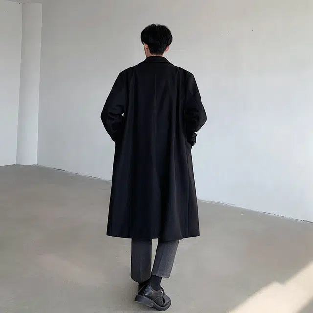 左岸 英伦复古时尚潮牌百搭纯色开衫翻领上衣休闲宽松舒适防风外套秋冬季双排扣过膝大衣中长款风衣 男款