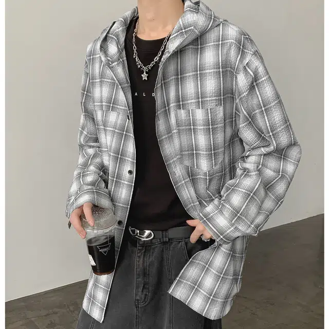 左岸 港风潮流百搭春秋连帽格子开衫上衣休闲宽松舒适衬衣潮牌老钱风衬衫 男款