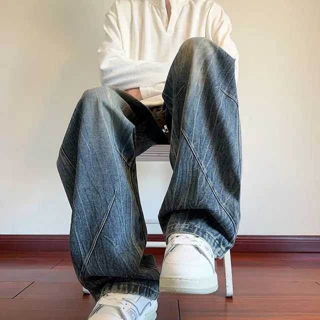 左岸 春秋季青少年美式复古水洗做旧时尚潮流宽松舒适休闲直筒阔腿裤显高显瘦长裤牛仔裤 男款