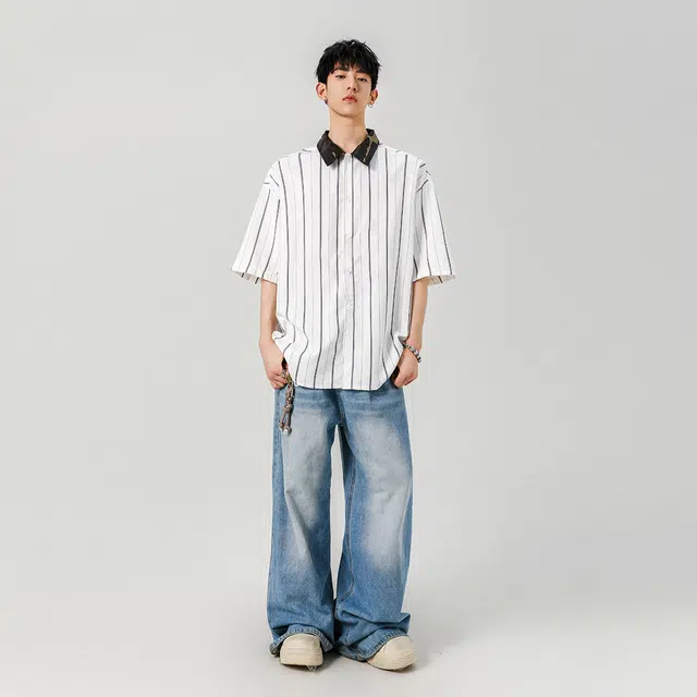 左岸 港风条纹拼接潮牌慵懒风痞帅宽松休闲短袖衬衫 男款