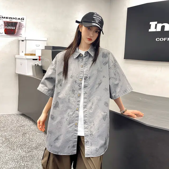 左岸 美式休闲风百搭时尚潮流气质个性扎染日常通勤户外活动宽松舒适透气吸汗冰爽帅气潮牌短袖衬衫 男女同款