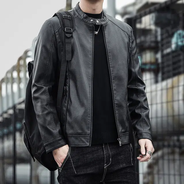 左岸 美式复古男士百搭机车服纯色气质加厚加绒外套舒适柔软设计立领保暖潮流休闲修身显高痞帅酷潮长袖上衣皮衣 男款