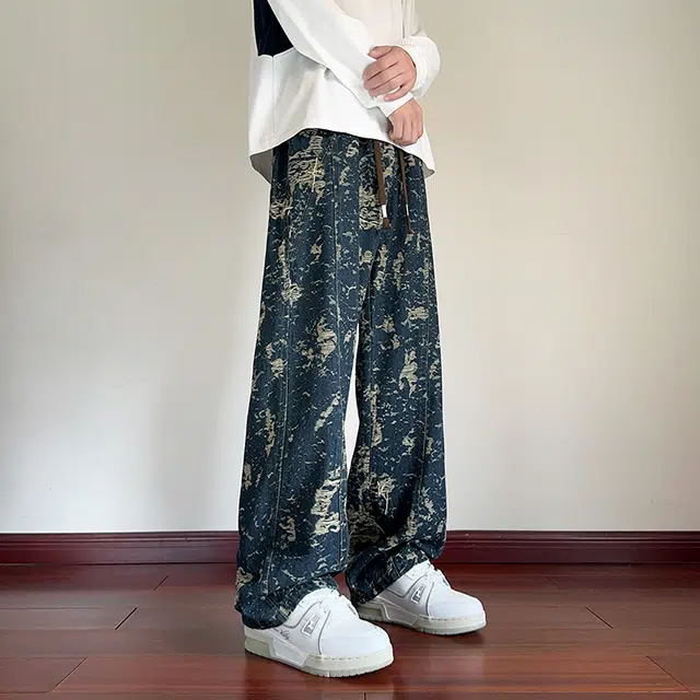 左岸 青少年港风时尚潮流破洞流苏宽松舒适休闲直筒阔腿裤显高显瘦长裤春秋季牛仔裤 男款