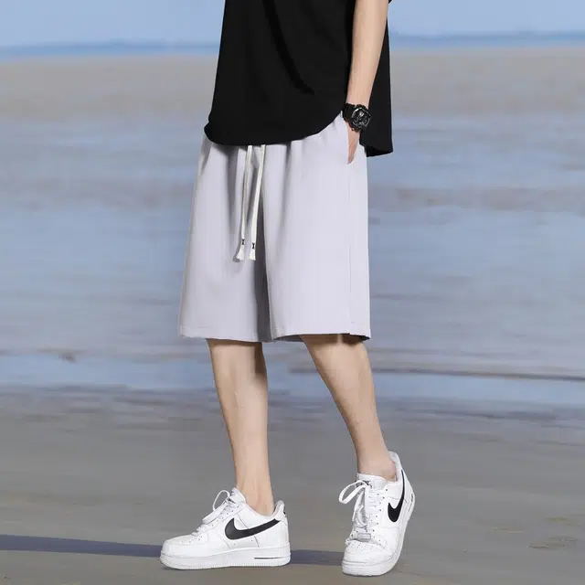 左岸 夏季港风潮流宽松纯色系带中裤薄款沙滩裤五分裤子休闲短裤 男款