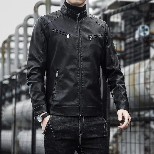 左岸 美式复古机车纯色气质加厚加绒外套设计立领保暖潮流休闲修身显高长袖上衣皮衣 男款