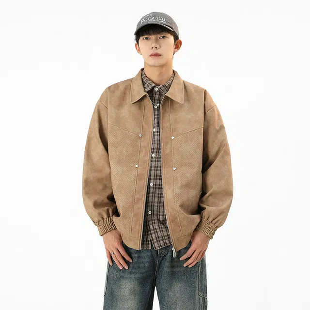 左岸 青少年美式时尚潮牌铆钉高街百搭开衫翻领上衣加肥加大码简约休闲宽松舒适春秋季夹克外套皮衣 男款