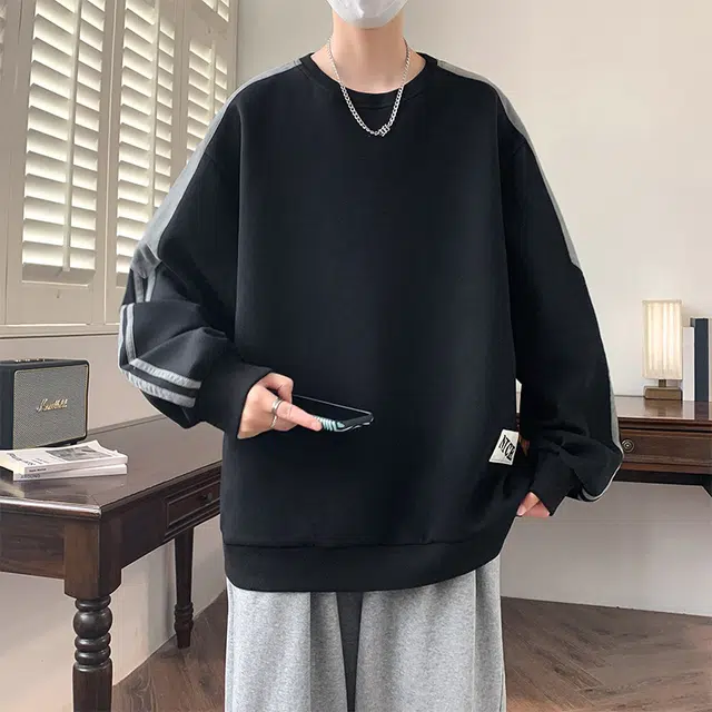 左岸 春秋青少年港风时尚潮牌休闲宽松简约撞色拼接字母印花长袖圆领上衣百搭帅气穿搭舒适加肥加大码外穿卫衣 男款