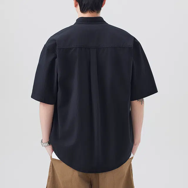 左岸 夏季轻薄纯棉透气短袖衬衣少年感翻领纯色简约高级感休闲潮牌半袖痞帅工装上衣衬衫 男款